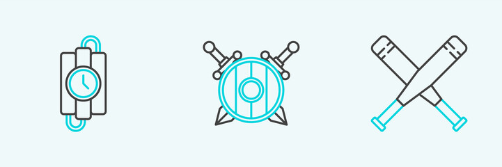 Set line Crossed baseball bat, dynamite stick and timer clock and Wooden shield with crossed swords icon. Vector