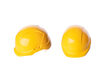 Close up of Yellow building safety helmet hard hat isolated on white background. Always use correct PPE