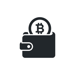 flat vector image isolated on white background, wallet icon with bitcoin coin, crypto wallet or currency - obrazy, fototapety, plakaty