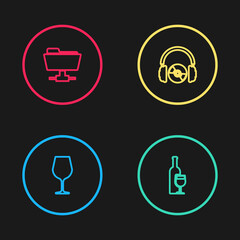 Set line Wine glass, bottle with, Headphones and CD or DVD and FTP folder icon. Vector