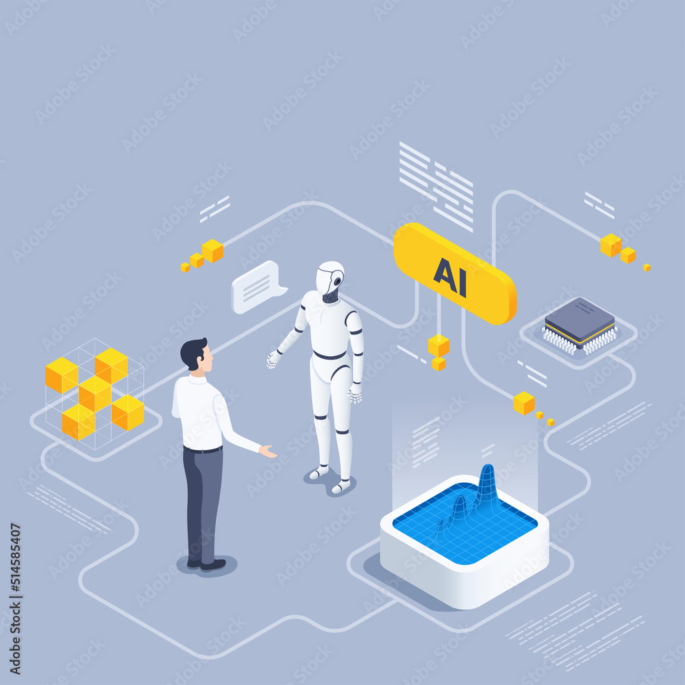 Poster isometric vector illustration on a gray background, a man in business clothes talking to a robot usi