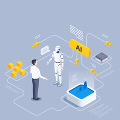isometric vector illustration on a gray background, a man in business clothes talking to a robot using artificial intelligence, working with virtual data