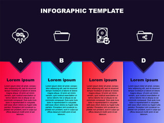 Set line CO2 emissions in cloud, Folder, Hard disk drive with clockwise and Share folder. Business infographic template. Vector