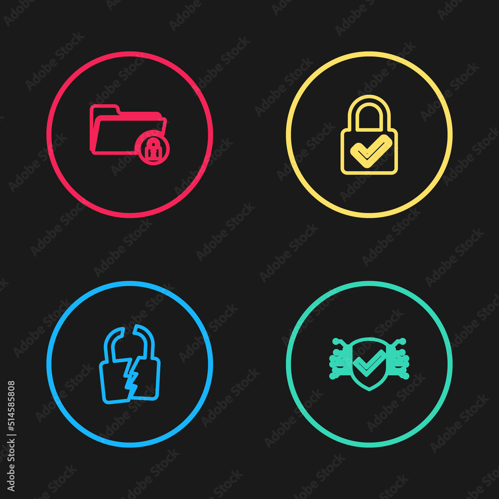 Poster set line broken or cracked lock, cyber security, lock and check mark and folder icon. vector