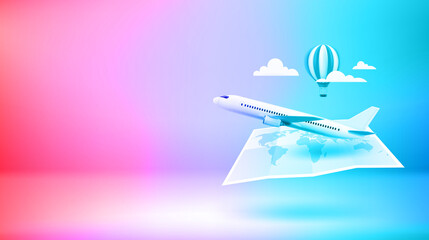 Air travel concept with world map. Vector 3d banner with copy space