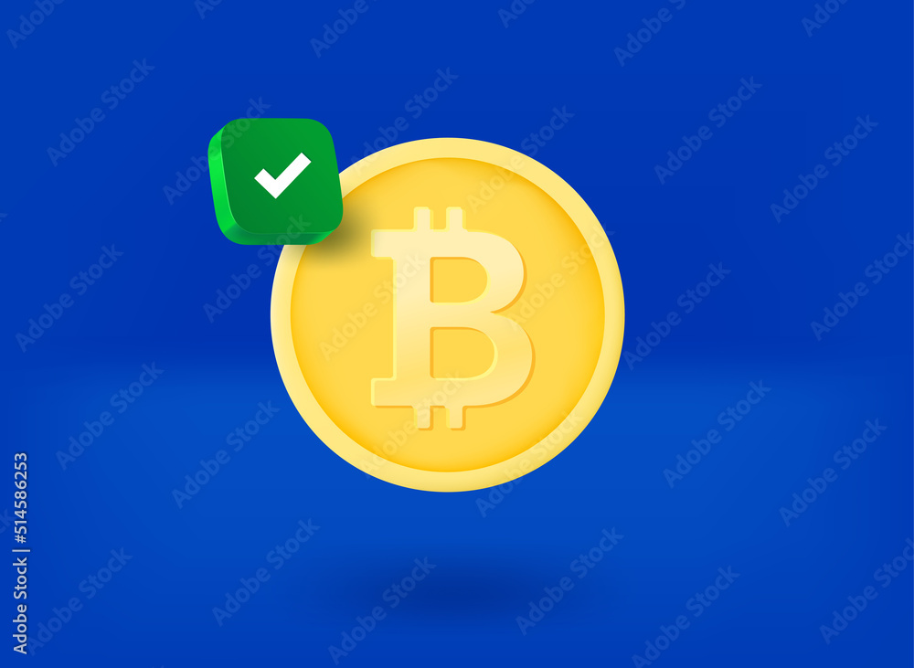 Aufkleber bitcoin coin with checkmark pictogram. 3d vector illustration