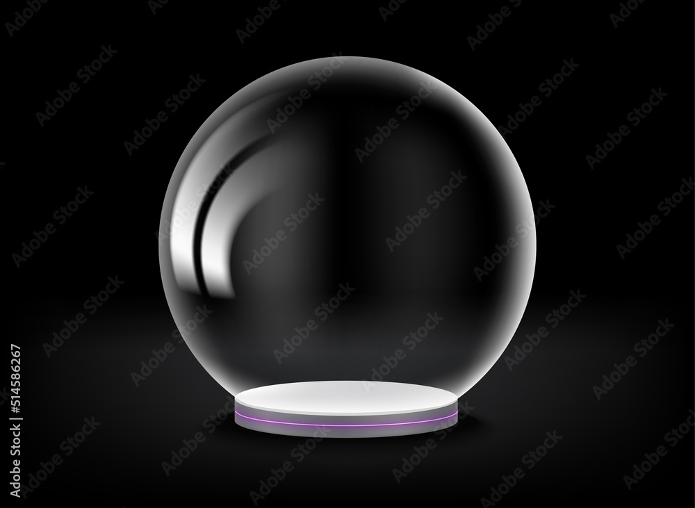 Poster empty black showcase with transparent glass sphere. 3d vector presentation mockup