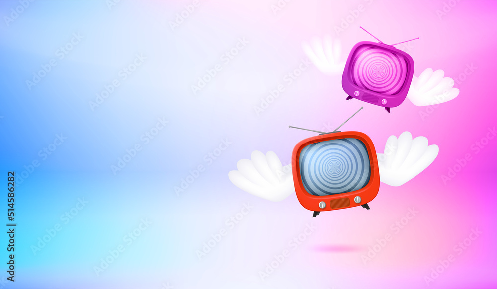 Poster flying tv with the wings above the stage. 3d vector banner with copy space