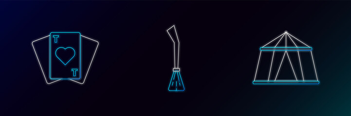 Set line Circus tent, Playing cards and Witches broom icon. Glowing neon. Vector