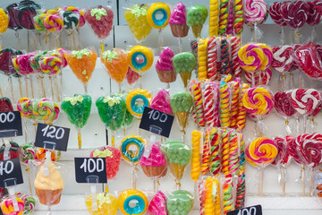 Colorful lollipops on the counter in the city of Kazan in Russia. Sweet treat on the market