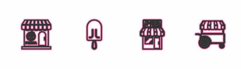 Set line Pizzeria building facade, , Ice cream and Fast street food cart icon. Vector