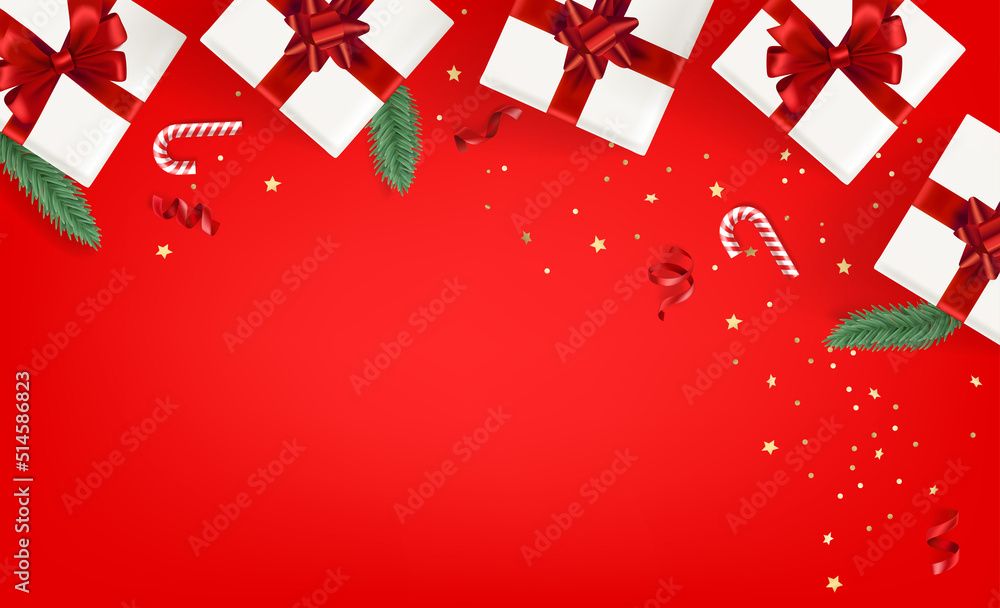 Aufkleber christmas accessories on a table. 3d vector banner with copy space