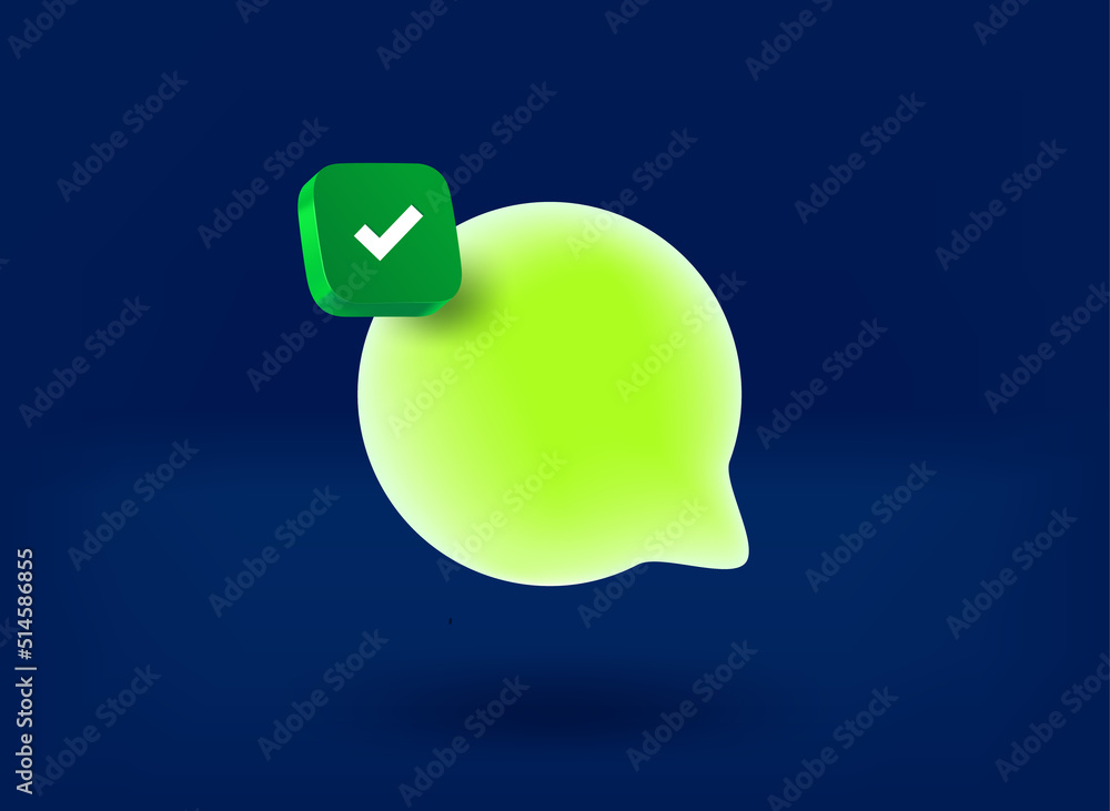 Poster internet chat balloon with checkmark icon. 3d vector illustration