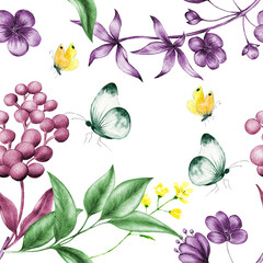 Hand drawn watercolor  seamless pattern of bright colorful realistic butterflies and flowers .Mixed media art.