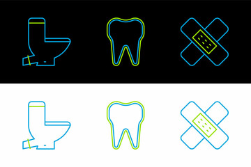 Set line Crossed bandage plaster, Toilet bowl and Tooth icon. Vector