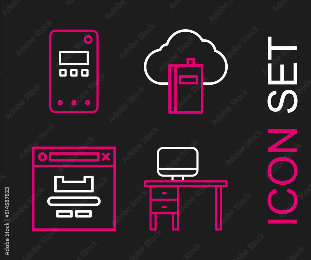 Poster set line computer monitor and desk, browser window, cloud online library and mobile phone icon. vect