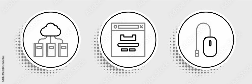 Sticker Set line Computer mouse, Cloud or online library and Browser window icon. Vector