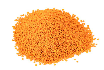 Pile or heap of red lentils isolated on white background. Helthy food reach with proteins. Agriculture harvest and diet concept