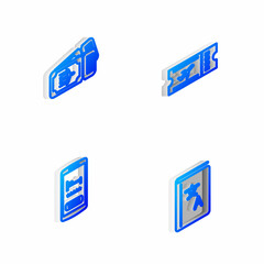 Set Isometric line Airline ticket, , Online hotel booking and Translator icon. Vector