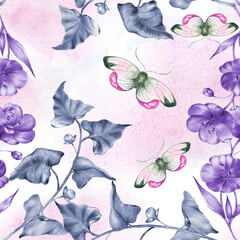 Hand drawn watercolor  seamless pattern of bright colorful realistic butterflies and flowers .Mixed media art.
