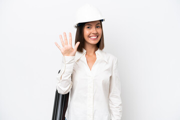 Young architect woman with helmet and holding blueprints isolated on white background counting five with fingers