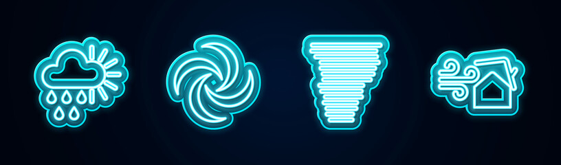 Set line Cloudy with rain and sun, Tornado, and swirl. Glowing neon icon. Vector