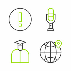 Set line Location on the globe, Student, Microphone and Information icon. Vector