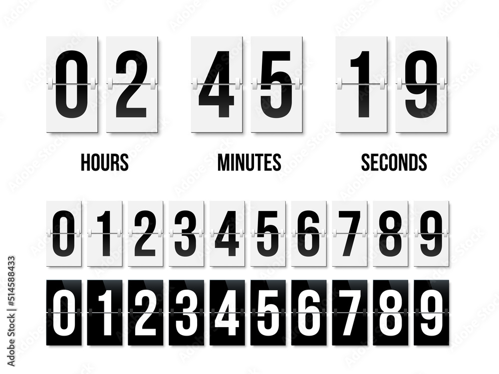Poster countdown clock display with black and white nubers set. vector date counter flip board isolated on 