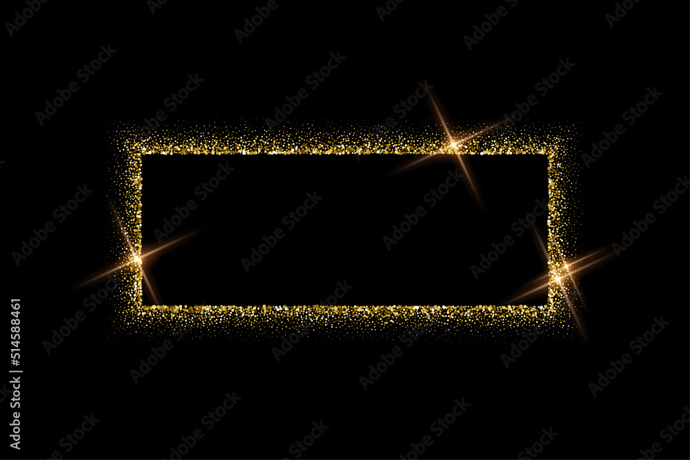 Poster rectangle gold frame from glitters with bright glow light effect vector illustration. abstract golde