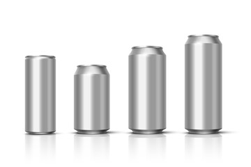 Aluminium beer, energy drink or soda pack mock up. Vector realistic blank metallic cans with mirror reflection isolated on white background