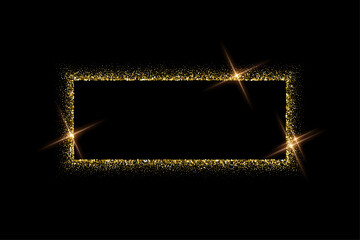 Rectangle gold frame from glitters with bright glow light effect vector illustration. Abstract golden border from luxury metal dust for swirl portal, decorative royal award on black background