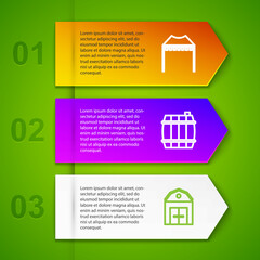 Set line Camping tent, Wooden barrel, Farm House and Steak meat. Business infographic template. Vector