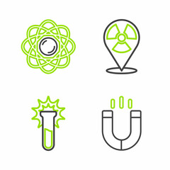 Set line Magnet, Test tube and flask, Radioactive in location and Atom icon. Vector