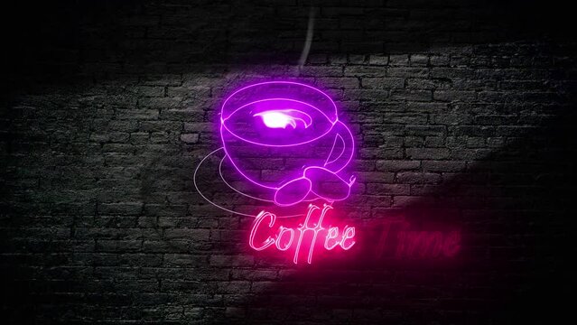 Neon sign with coffee cup with brick background