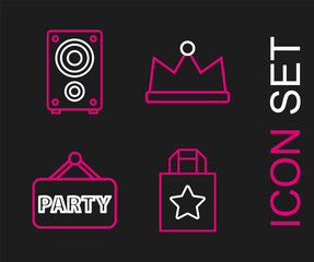 Set line Paper shopping bag, Signboard party, Crown and Stereo speaker icon. Vector