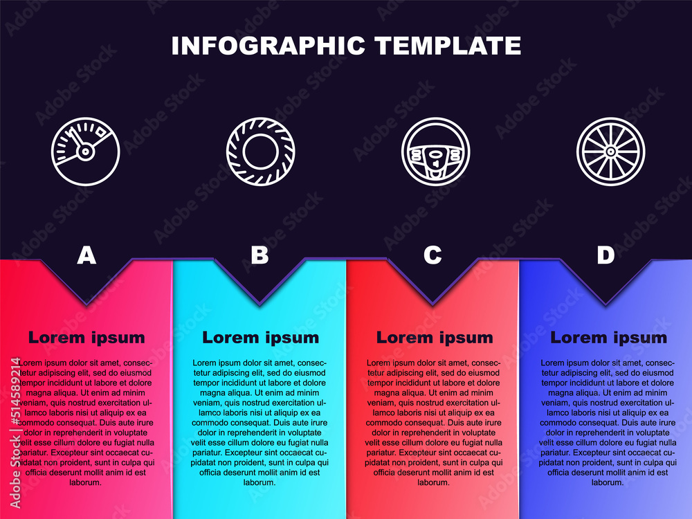 Poster Set line Speedometer, Car tire, Steering wheel and . Business infographic template. Vector