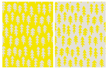 Abstract Winter Forest Seamless Irregular Vector Pattern. Freehand Pine Trees Isolated on a Gray and Yellow Background. Christmas Holidays Repeatable Print ideal for Wrapping Paper, Decoration.