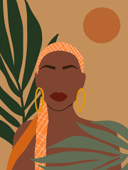 Fashion Summer Poster with Face Woman Portrait, Exotic Tropical Leaf on pastel background. Afro American Woman illustration for poster, wall art, banner, placard, print, canvas in earth tone. Vector
