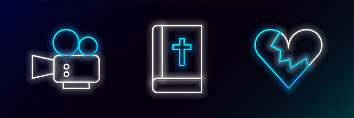 Fototapeta premium Set line Broken heart or divorce, Cinema camera and Holy bible book icon. Glowing neon. Vector