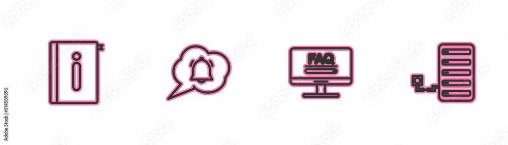Poster set line user manual, monitor with faq information, speech bubble chat notification and server icon.