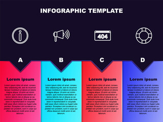 Set line Information, Megaphone, Page with 404 error and Lifebuoy. Business infographic template. Vector