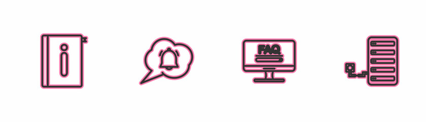 Set line User manual, Monitor with FAQ information, Speech bubble chat notification and Server icon. Vector