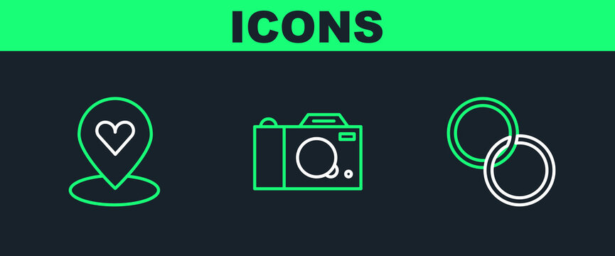 Set line Wedding rings, Location with heart and Photo camera icon. Vector