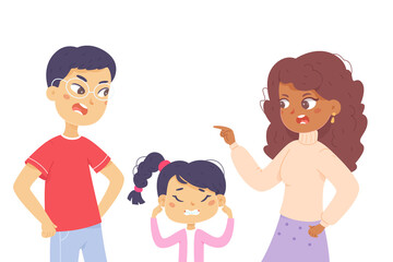 Angry people shout and quarrel during family conflict, sad girl covering ears with hands
