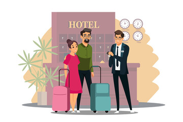 Hotel scene with couple checking in. Man and woman at reception counter with luggage, receptionist giving key from room. Happy holiday vacation vector illustration. People staying at modern hotel