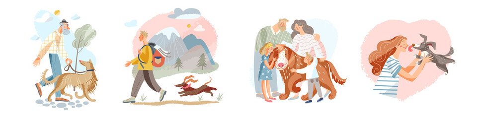 People love dogs, life scenes set with happy pet owners and own best friends, friendship