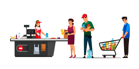 Queue of people at supermarket checkout, man and woman paying and waiting in line