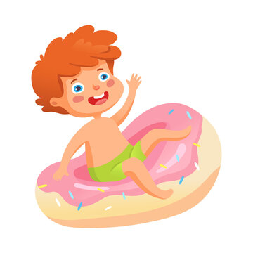 Kid swimming vector illustration. Summer vacation. Child playing, childhood entertainment, leisure. Little boy with donut swimming ring. Water activities isolated on white background