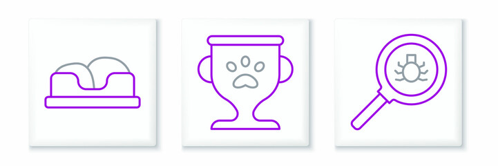 Set line Flea search, Pet bed and award icon. Vector