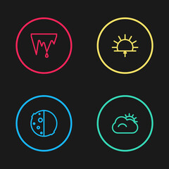 Set line Eclipse of the sun, Sun and cloud, Sunrise and Icicle icon. Vector